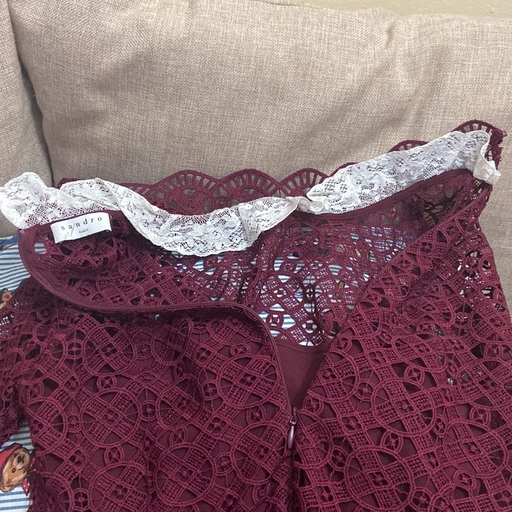 Sandro NWOT Helian Lace Long Sleeve Bordeaux Dress Size 38 - Picture 5 of 11